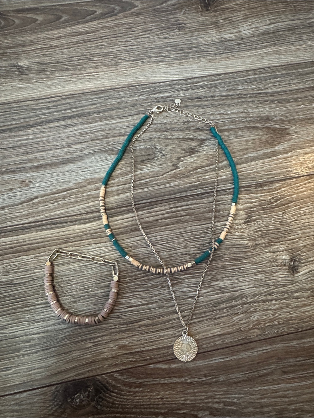 Evereve Teal and Beige Layered Beaded Necklace with Sunburst Pendant
